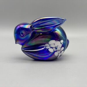 Bunny Rabbit Paperweight Crystal‎ Iridescent Handmade OilSlick Blue Figurine
